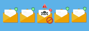 Email / envelope with black document and skull icon. Virus, malware, email fraud, e-mail spam, phishing scam concept.